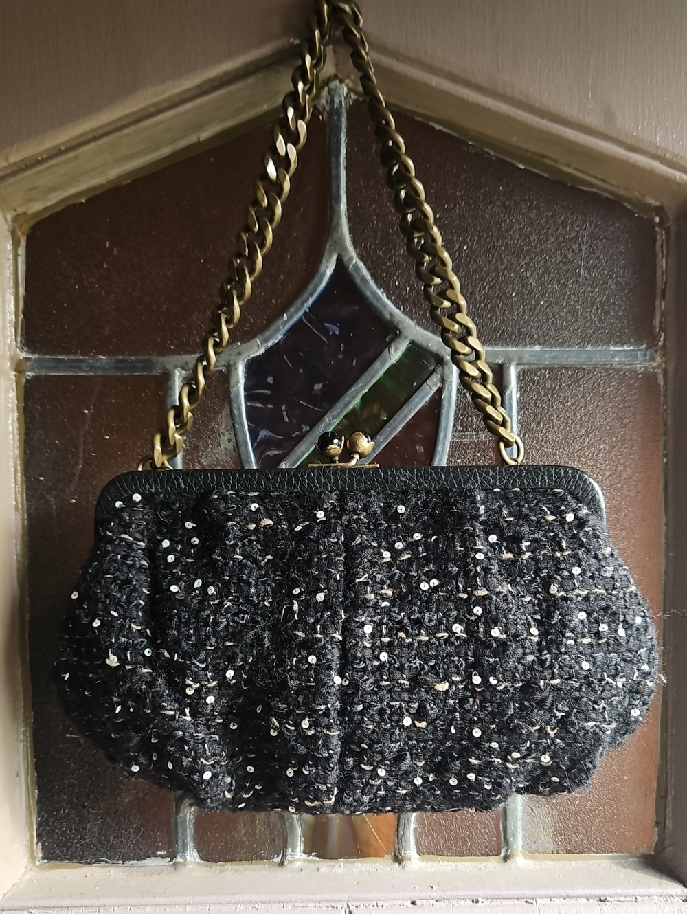 J. Crew Black Sequin Tweed Clutch with Burnished Chunky Gold Chain